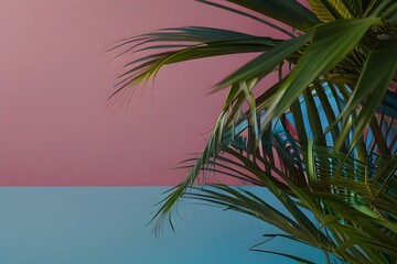 Fototapeta na wymiar Leaves of palm tree isolated on a double pink blue background Generative AI