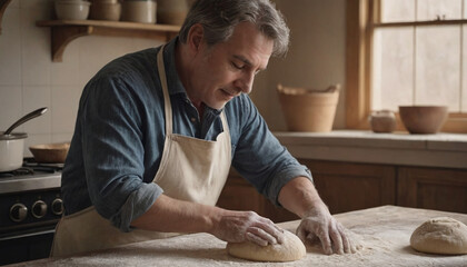Portrait of a Baker Kneading Dough with Focused Intensity. in a rustic kitchen, deeply focused on kneading dough. The baker's hands, covered in flour, press and fold the dough with practiced precision