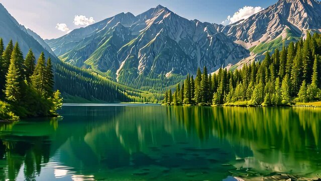 Video animation of  tranquil scene of a clear, reflective lake surrounded by lush green trees with majestic mountains in the background under a bright sky