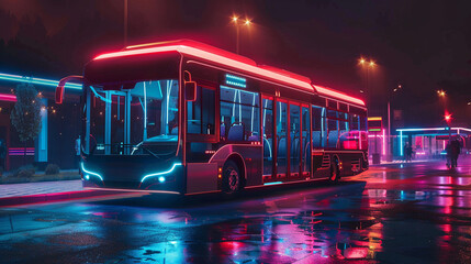 Night scene at a contemporary bus depot with an electric bus under the glow of energy-efficient lighting - obrazy, fototapety, plakaty