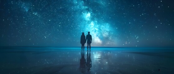Stargazing Embrace: A Cosmic Connection. Concept Astrophotography, Romantic Silhouettes, Night Sky Portrait, Celestial Love Story