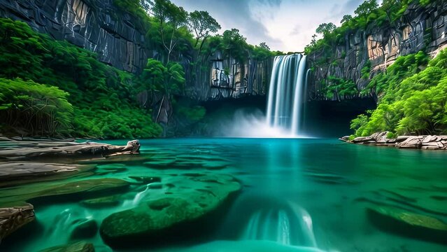 Video animation of stunning view of a serene waterfall, cascading into an emerald pool surrounded by lush greenery