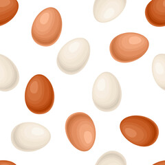 Seamless pattern with chicken eggs. White, light brown and dark egg. Vector background. Cartoon flat illustrations.