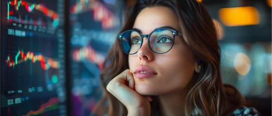 Foto op Plexiglas Close-up portrait of a smiling woman with brown hair and stylish glasses listening to music, embodying beauty and business prowess © Nuntapuk