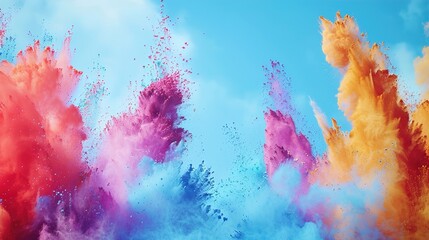 Streams of vibrant colored powders arching gracefully through the air, forming intricate patterns against the backdrop of the clear blue sky during Holi festivities.