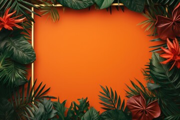 Fototapeta na wymiar Orange frame background, tropical leaves and plants around the orange rectangle in the middle of the photo with space for text