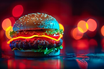 Neon lights illuminating a vibrant gourmet hamburger against a dark backdrop