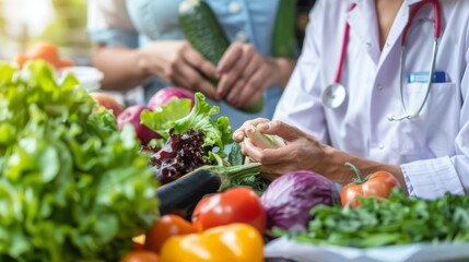Nutritionist advising patient on healthy diet choices with fresh produce