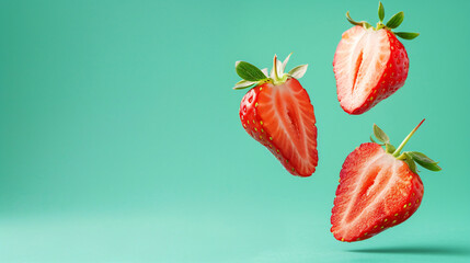 Halved strawberry on a clean background with copy space