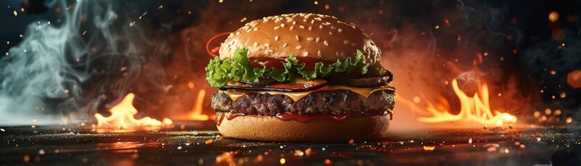 Design a captivating image of a birdseye view of a burger infused with elements of the supernatural Incorporate mystical symbols or ghostly figures to add an intriguing twist Perfect for a unique rest - obrazy, fototapety, plakaty