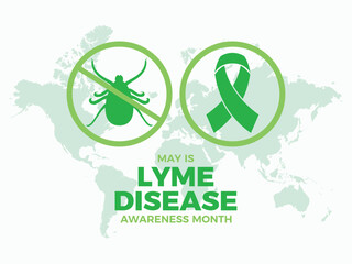 May is Lyme Disease Awareness Month poster vector illustration. Green awareness ribbon and tick parasitic arachnid silhouette icon set vector. Template for background, banner, card. Important day