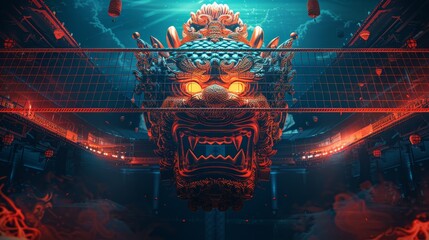 Develop a cuttingedge logo for a cyberpunkthemed volleyball tournament, blending elements of Banh Hue culture and symbolism of sacrifice inspired by the Khmer Empire Ensure the design stands out with - obrazy, fototapety, plakaty