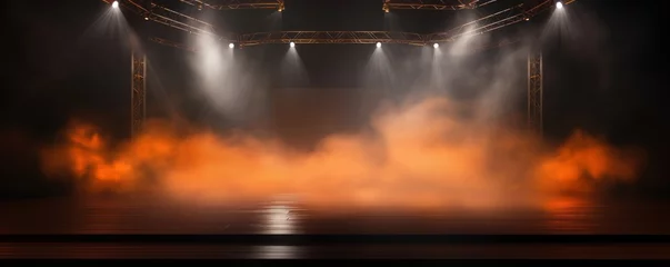 Selbstklebende Fototapeten Orange stage background, orange spotlight light effects, dark atmosphere, smoke and mist, simple stage background, stage lighting, spotlights © GalleryGlider