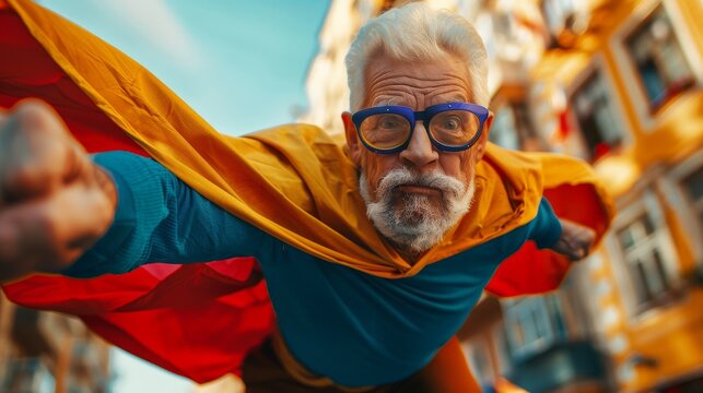 Energetic senior superhero in vibrant costume showcasing agility in an urban setting