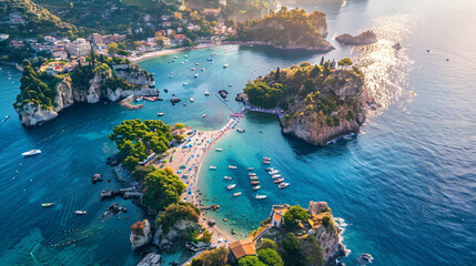 Aerial view of Isola Bella island and beach in Taormin - obrazy, fototapety, plakaty
