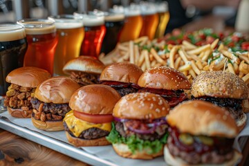 Gourmet burger sliders and fries paired with beer sampler at a restaurant