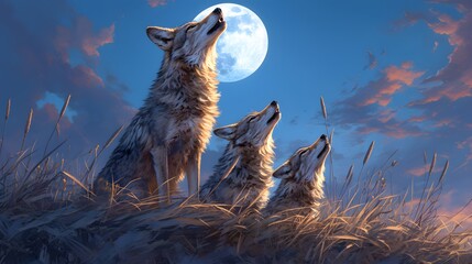 A pack of coyotes howling at the full moon