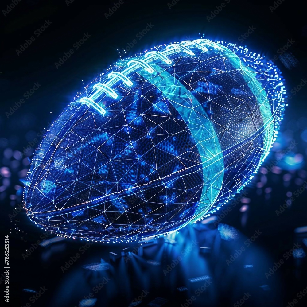 Wall mural smart digital blue hologram American football ball with data streams, ai in sports analytics, player performance tracking systems, game strategy algorithms, and personalized training programs.
