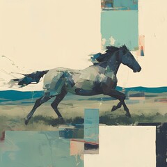 a collage capturing the grace and power of wild horses galloping across a plain