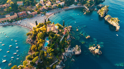 Aerial view of Isola Bella island and beach in Taormin - obrazy, fototapety, plakaty