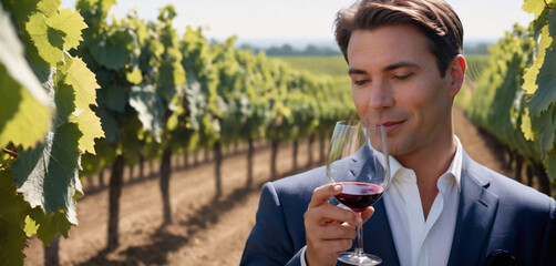 Sommelier Tasting Wine in a Vineyard. glass in hand, tastes wine amidst the rows of grapevines in a vineyard. The discerning expression and the palette's assessment reflect a deep knowledge of wine. 