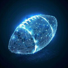 smart digital blue hologram American football ball with data streams, ai in sports analytics, player performance tracking systems, game strategy algorithms, and personalized training programs.

