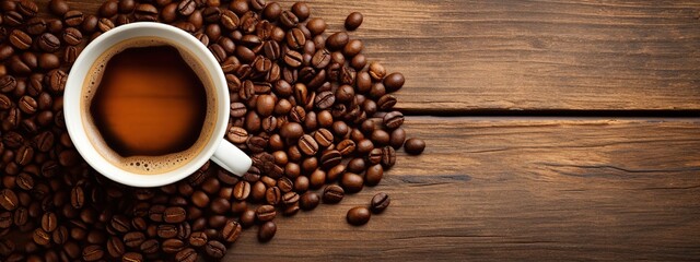 Hot coffee cup with roasted coffee beans on old wooden table. Top view.