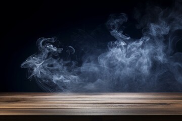 navy blue background with a wooden table and smoke. Space for product presentation, studio shot, photorealistic