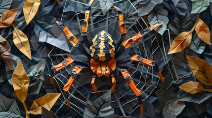 spider on a leaf, paper art - obrazy, fototapety, plakaty