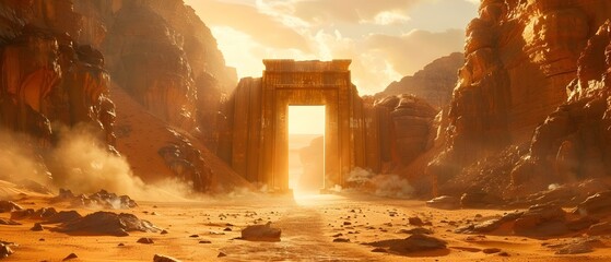 Timeless Sands: Desert Monolith Basking in Sunlight. Concept Desert Landscapes, Sun-kissed Monoliths - obrazy, fototapety, plakaty