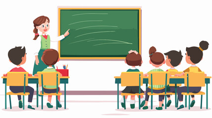 Teacher standing and pointing at the chalkboard teach