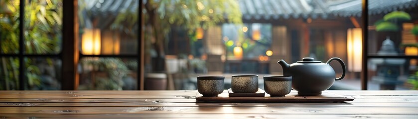 An elegant still life of a ceramic teapot and teacups on a wooden table against a blurred background of a traditional chinese courtyard - obrazy, fototapety, plakaty