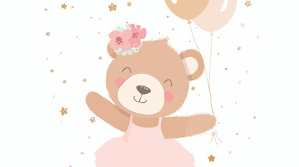 Obraz na płótnie Canvas Teddy bear with balloon flower. Cute baby bear girl.