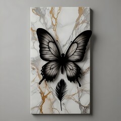 panel wall art, marble background with feather and butterfly silhouette , wall decoration