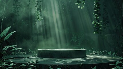 A mystical green forest scene with a stone podium bathed in sunbeams filtering through the dense foliage