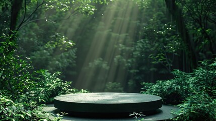 A mystical green forest scene with a stone podium bathed in sunbeams filtering through the dense foliage