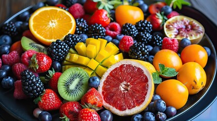 A vibrant assortment of fresh fruits with leaves on a dark background, highlighting a variety of textures and colors