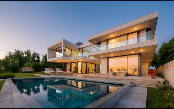 Exterior of modern luxury cubic villa with swimming pool at sunset., photo, stock images, stock photo, life stock	
