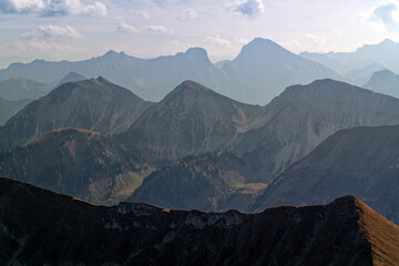 Viev over peaks of the Karwendel mountains, Alps, Tyrol, Austria, Europe