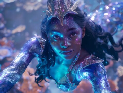 A woman in a mermaid costume is shown in a blue and purple color scheme. The image is a promotional poster for a movie or a music video. The woman's face is the main focus of the image