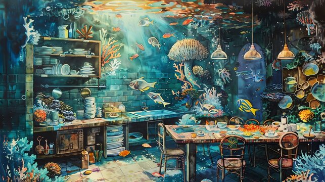 Capture a side view of a whimsical underwater kitchen scene in vibrant watercolors Illuminate the intricate details with innovative lighting effects to bring depth and mystery to the culinary world