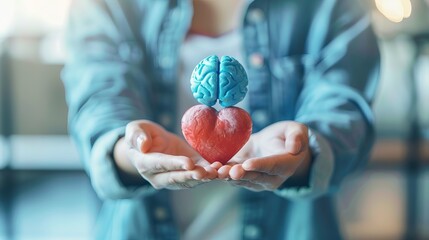 Conceptual image of hands holding a red heart and a brain, representing the balance between emotions and logic - obrazy, fototapety, plakaty