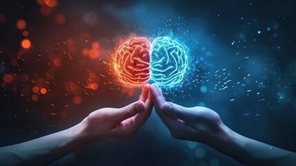 Conceptual image of hands holding a red heart and a brain, representing the balance between emotions and logic - obrazy, fototapety, plakaty