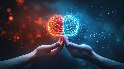 Conceptual image of hands holding a red heart and a brain, representing the balance between emotions and logic