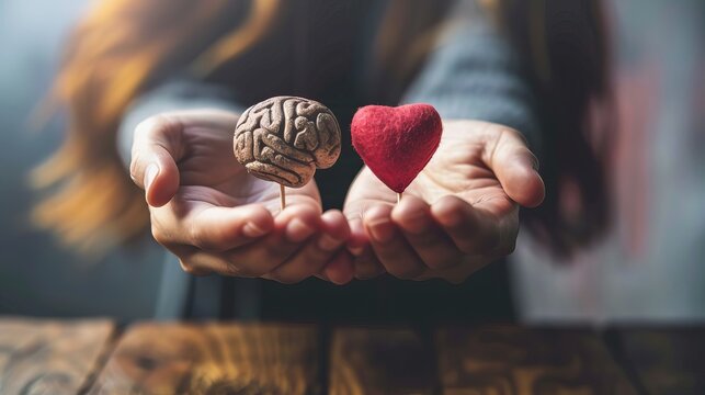 Conceptual image of hands holding a red heart and a brain, representing the balance between emotions and logic