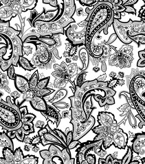 Floral paisley pattern trendy black and white background seamless. Flowers tribal asian style ornament amazing graphic backdrop.