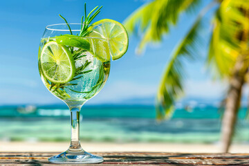 Glass with refreshing mojito drink with lime slices and rosemary on a table against beach with palm trees.