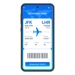 Mobile boarding pass. Digital or electronic plane ticket. Airplane ticket in the phone. Online booking by smartphone concept. Vector illusttation.