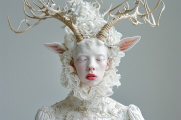 Enchanting woman portraying a mystical deer, adorned with majestic horns and a regal crown