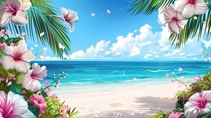 Fototapeta na wymiar Tropical beach with pink white flowers palm plant blue sea and sky white sand ,Generative ai, 